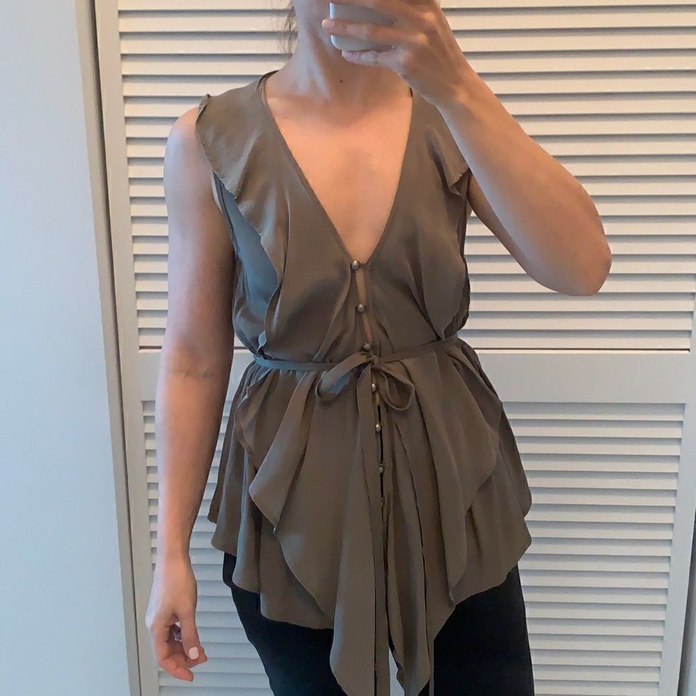 Like New Cascade Ruffle Tie Waist Tank Blouse